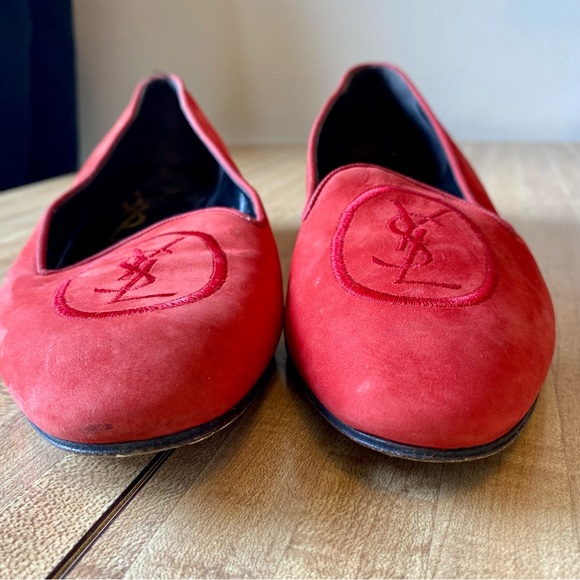YSL YVES SAINT LAURENT Shoes Vintage Pumps Loafers Red Logo Italy Velvet Flats - Picture 6 of 16